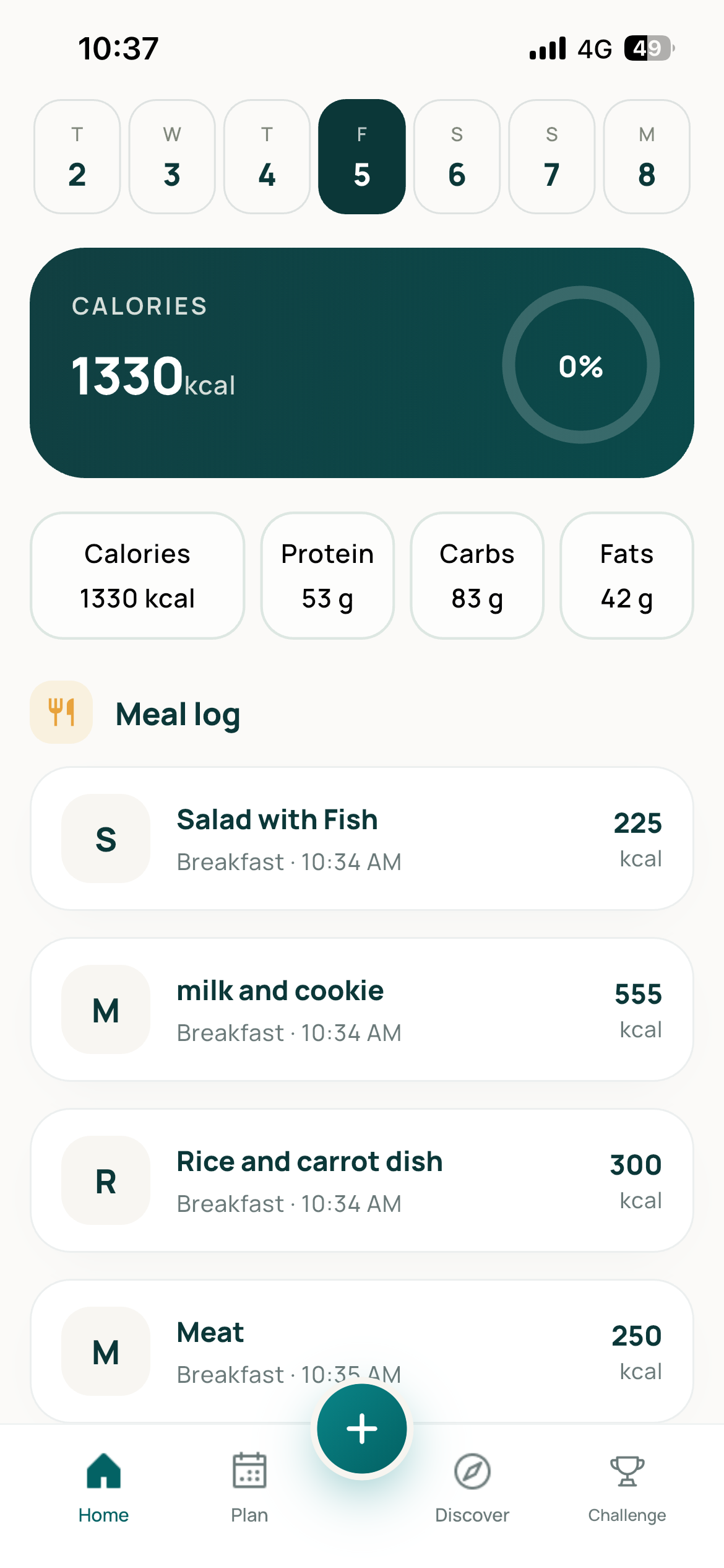 Humally meal log with macro totals and breakfast entries