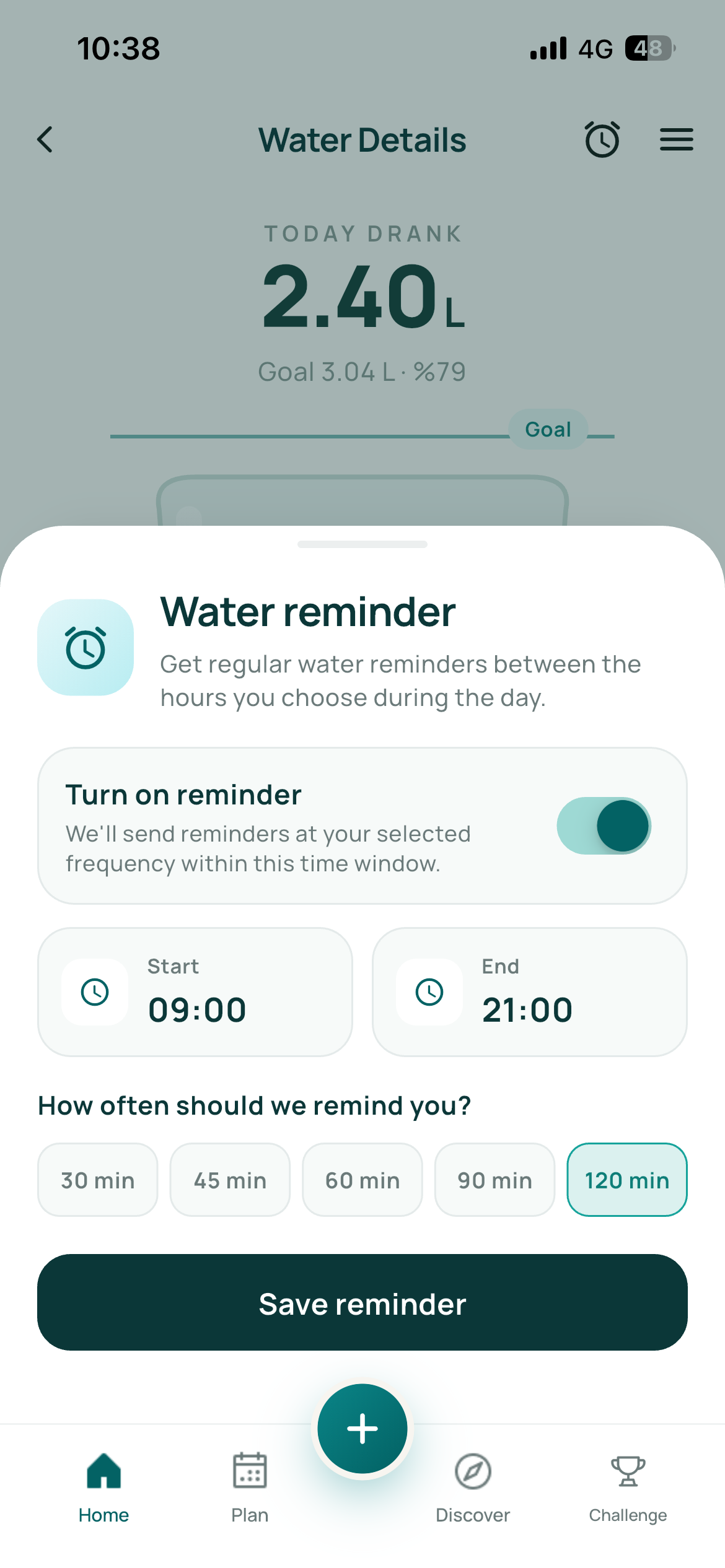 Humally water reminder settings screen